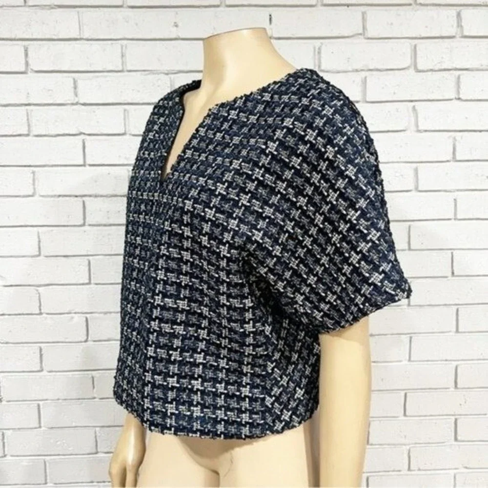 J.Crew Cropped Cap Sleeve Tweed Top Metallic Houndstooth Lined Chic Work Size 14